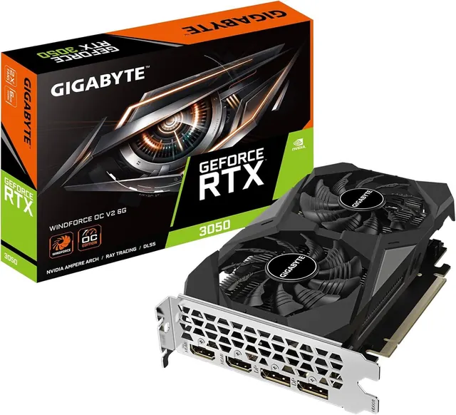 Gigabyte GeForce RTX 3050 WINDFORCE OC V2: 6 ГБ GDDR6, 96-бит, GV-N3050WF2OCV2-6GD