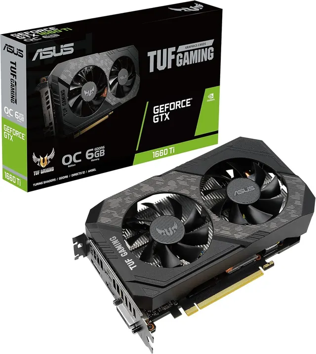 ASUS TUF-GTX1660TI-O6G-EVO-GAMING: 6 ГБ GDDR6, Boost до 1845 МГц, NVIDIA GeForce GTX 1660 Ti