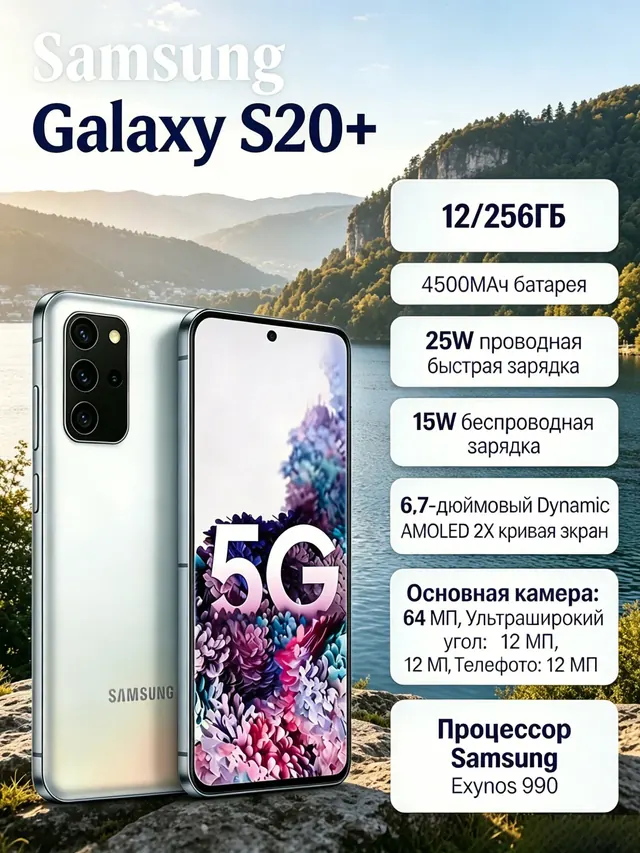Samsung Galaxy S20+: 12 ГБ/256 ГБ, Android 10, 3200 × 1440