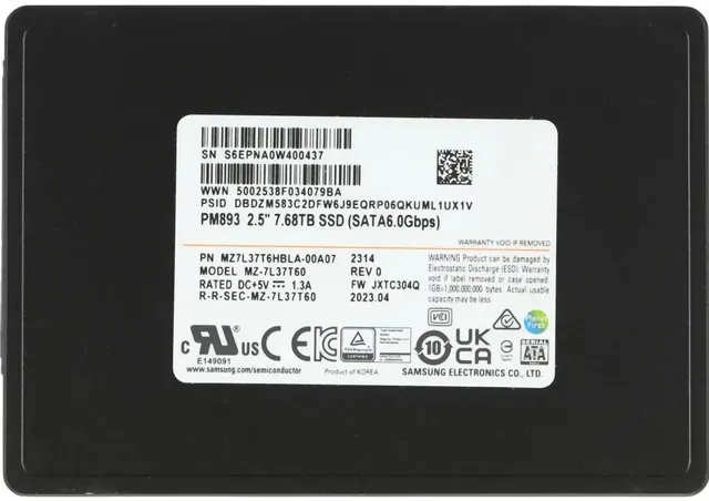 Samsung PM9A3 MZQL27T6HBLA-00A07: 7,68 ТБ, U.2, NVMe, 2,5 дюйма