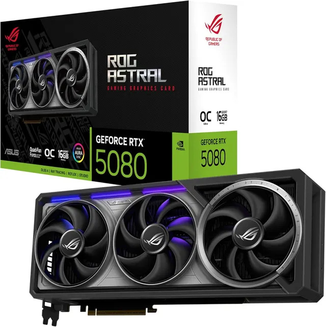 ASUS ROG Astral GeForce RTX 5080 OC: 16 ГБ GDDR7, PCIe 5.0 x16, 2x HDMI 2.1b, 3x DisplayPort 2.1a