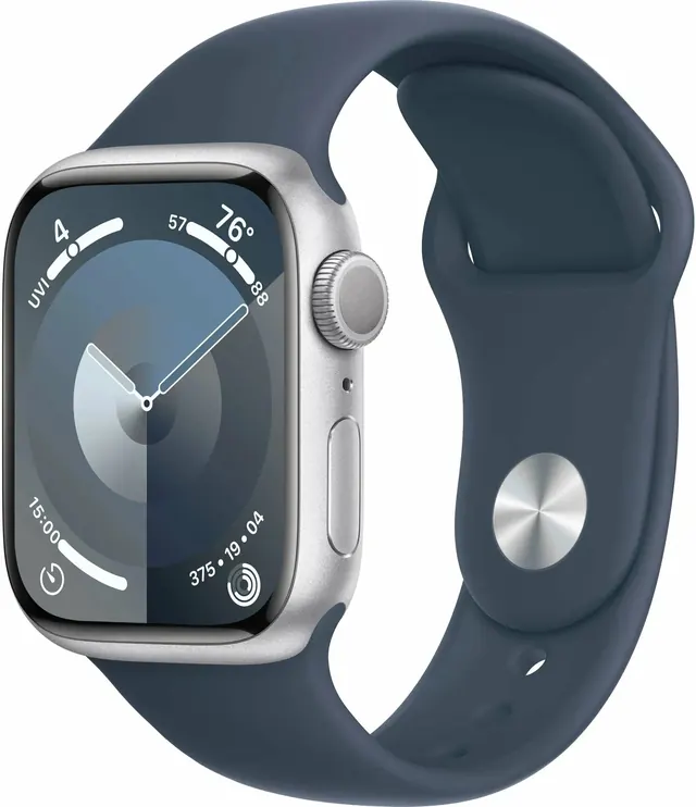 Apple Watch Series 9: 41 мм, GPS, серебристый алюминиевый корпус, ремешок Storm Blue Sport Band