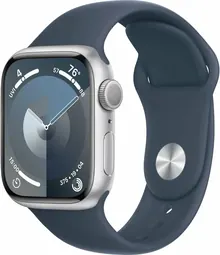 Apple Watch Series 9: 41 мм, GPS, серебристый алюминиевый корпус, ремешок Storm Blue Sport Band