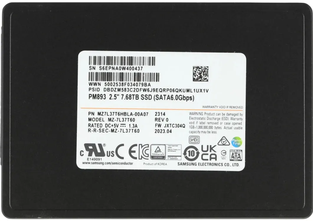 Samsung PM9A3 MZQL27T6HBLA-00A07: 7,68 ТБ, U.2, NVMe, 2,5 дюйма